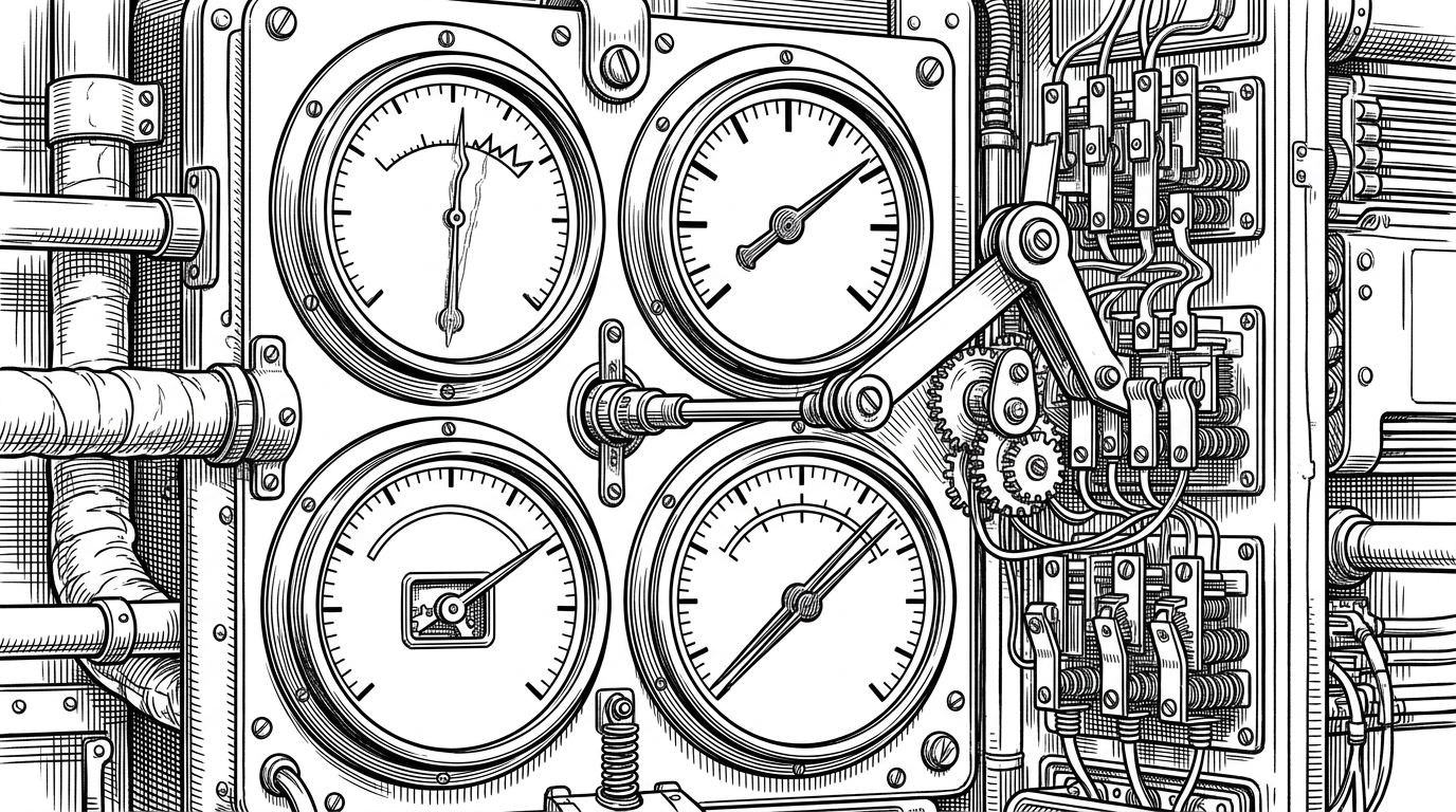 A close-up black-ink illustration of a mechanical control panel with gauges for intent routing, keyword fallback, cache hit, and parallel execution. One gauge flickers red, and a mechanical arm switches the system to a backup path while the main machinery continues running. It explains how the repo is designed to fail softly instead of collapsing.