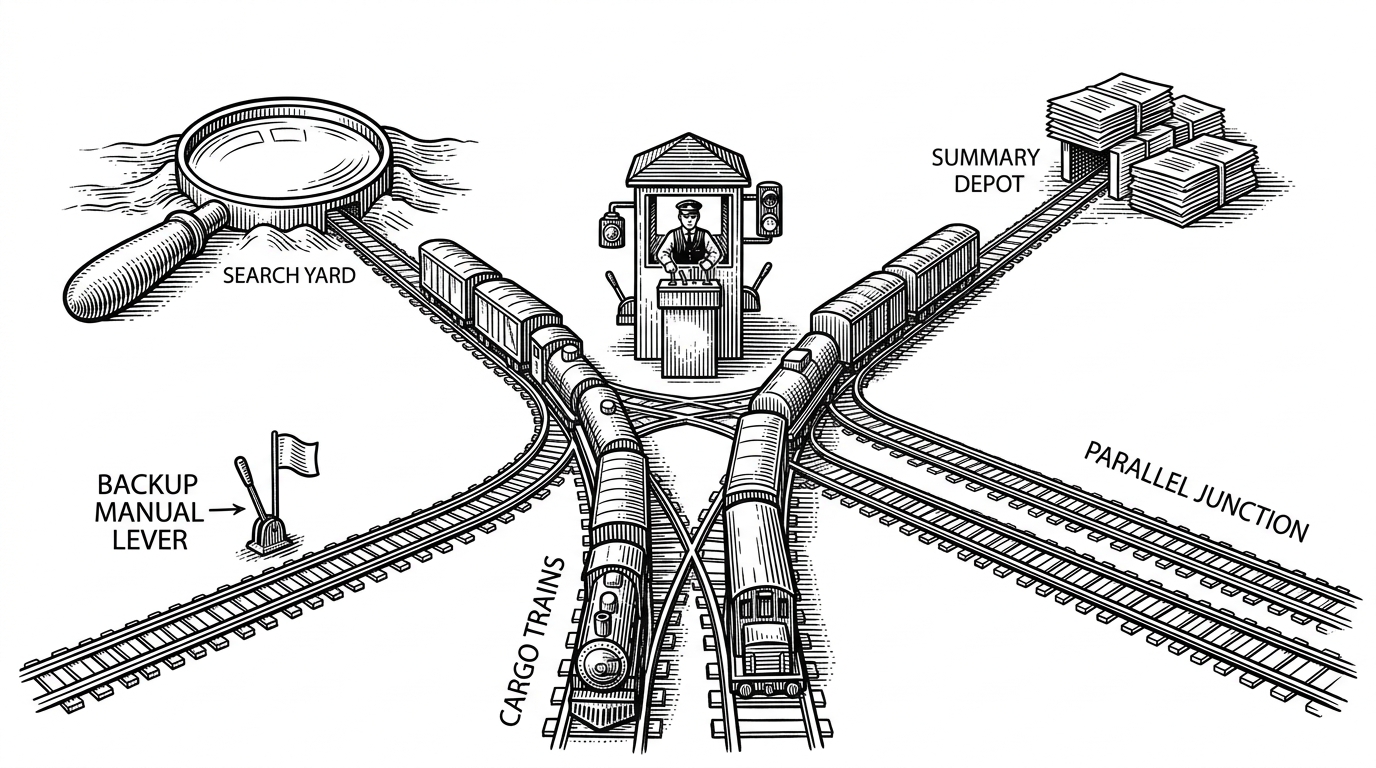 A wide black-ink editorial illustration of a railroad junction with a central dispatcher deciding which track each cargo train should take. Three main tracks diverge toward search, summary, and parallel execution, while a side lever represents the fallback route. It explains that the system’s core value is routing intelligence, not a single chatbot reply.
