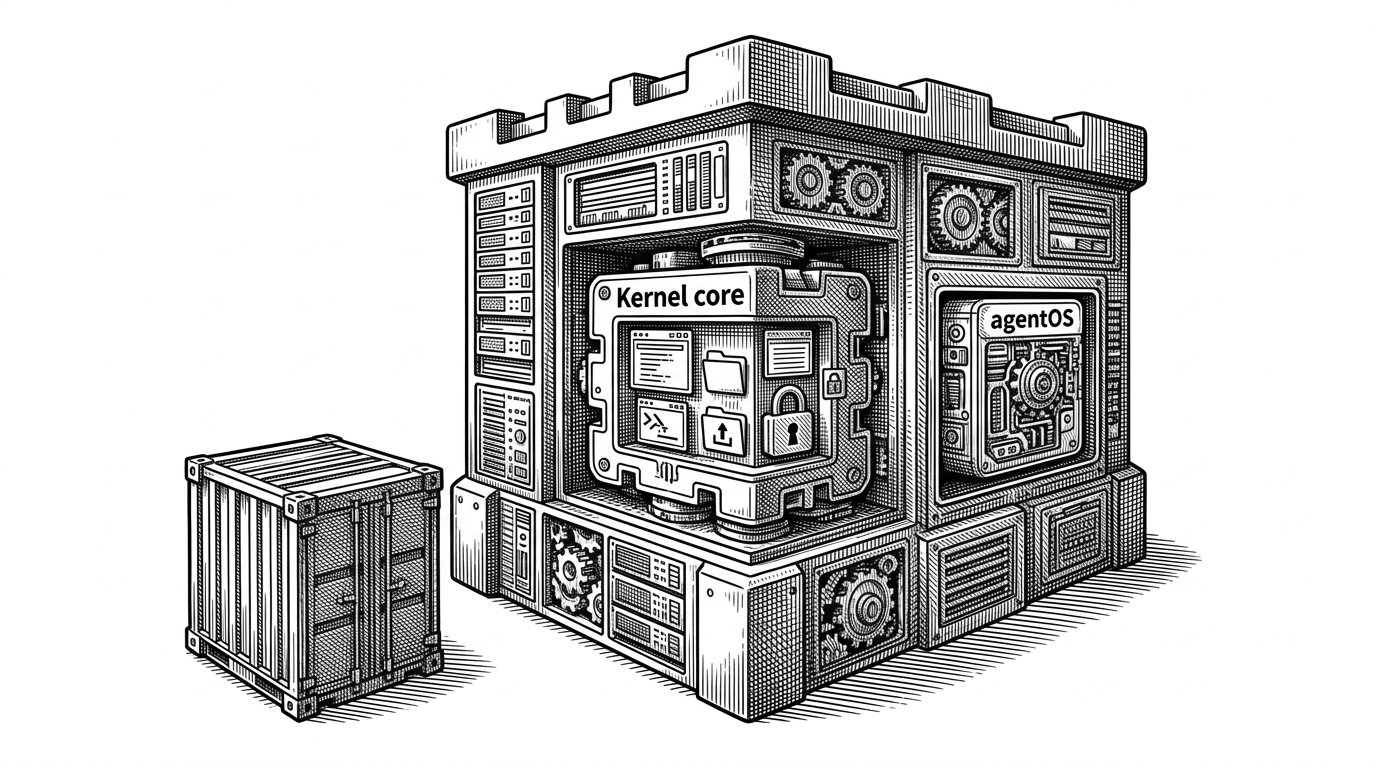 A large backend application encloses a compact kernel core, with tiny process windows, file mounts, and permission gates embedded inside it. The image explains that agentOS is not a remote sandbox, but an operating system-like runtime living inside the host process.