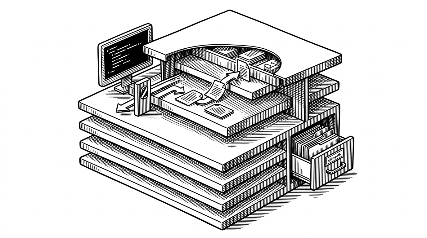 A close-up cutaway of stacked filesystem layers shows a read-only base with shared assets beneath a writable memory layer where files are being edited. A small permission gate blocks an unauthorized write request at the edge. The image explains how agentOS simulates persistence and mutability without booting a full disk-backed machine.