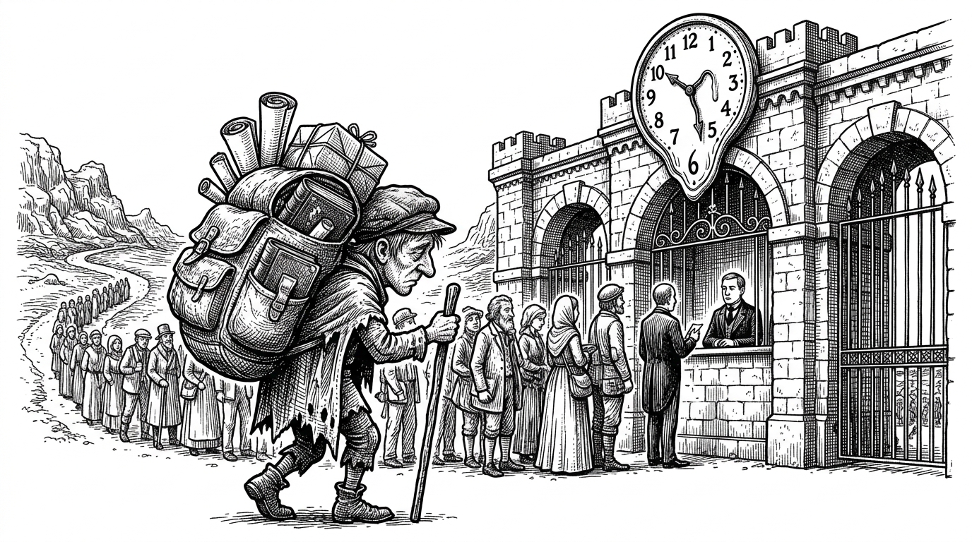 A tiny, exhausted messenger carrying a massive backpack labeled CONTEXT at a toll booth labeled DATABASE HANDSHAKE. Represents the overhead of stateless architecture.