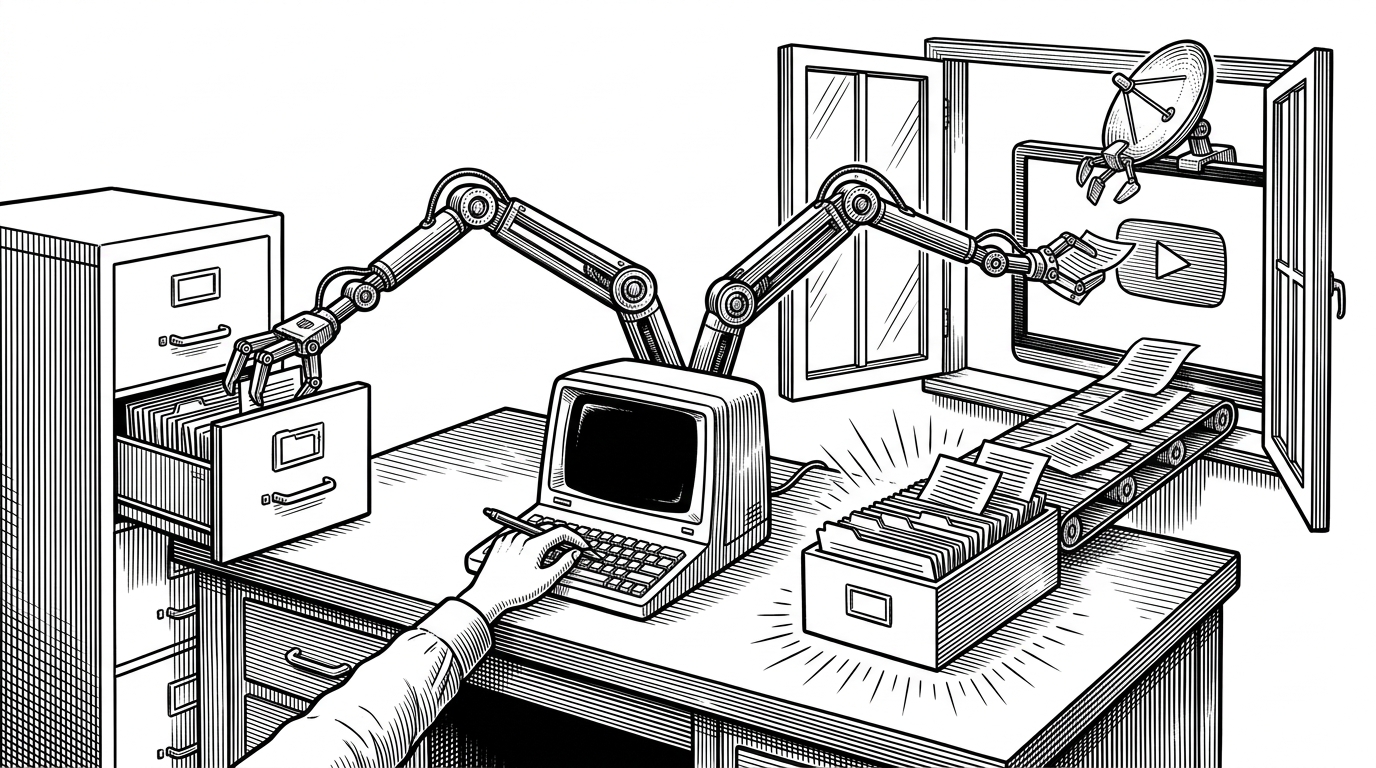 A wide editorial scene shows a desktop question terminal branching into two paths. One arm checks a cabinet of existing transcripts while another extends through a window toward a YouTube screen and a scraping rig, then feeds pages into an index box. The scene explains the repo's core idea: if the answer is missing, the system can go acquire the source first.