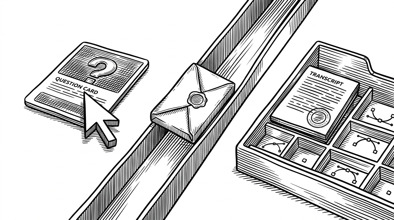 A close-up relay shows a question card, a webhook parcel moving between two machines, and a stamped transcript tile landing into a grid of vector nodes. The image explains how the scraper can finish later without freezing the conversation.