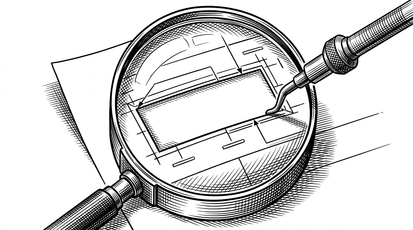 A close-up of a magnified tax form field being inspected like a machine part. The image explains why PDF field discovery needs dedicated tooling: the model must learn the hidden structure before it can fill anything reliably.