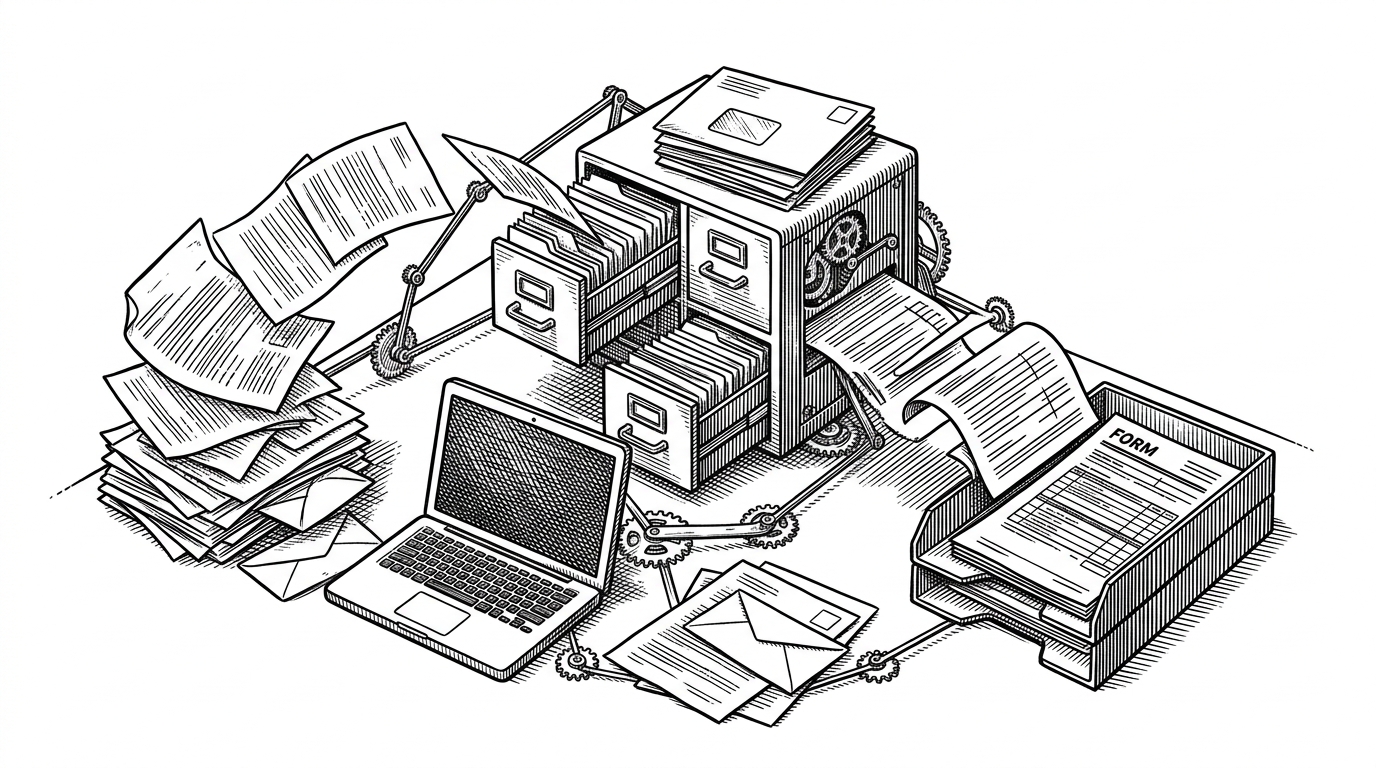 A tax desk where paper documents flow into a compact mechanical workstation beside a laptop and a filing cabinet. It explains the article’s main idea: the system moves memory, calculation, and verification outside the model so the workflow can survive forgetting.