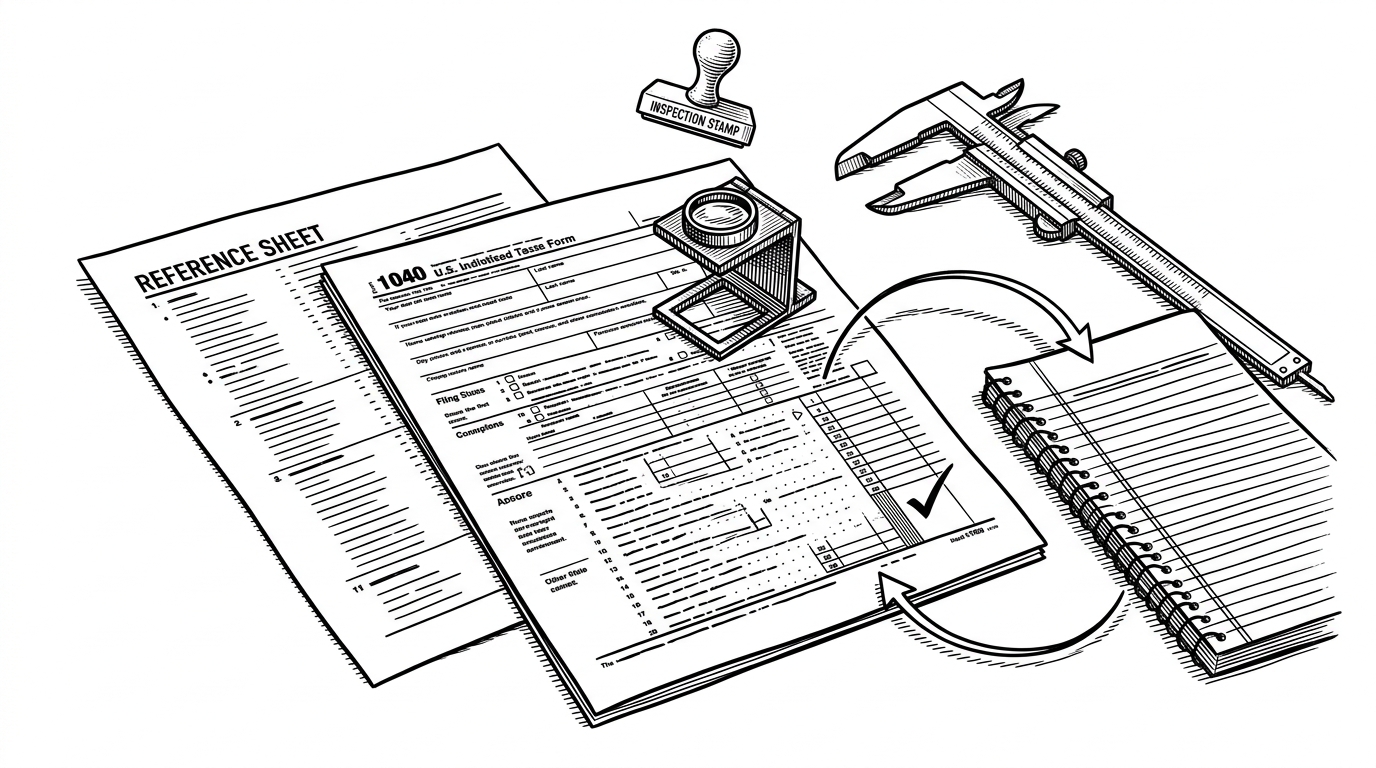A desktop scene where a completed tax form is checked against a reference sheet under a loupe. It shows that the workflow does not trust the first output. It reads the result back and compares it to what should have been written.