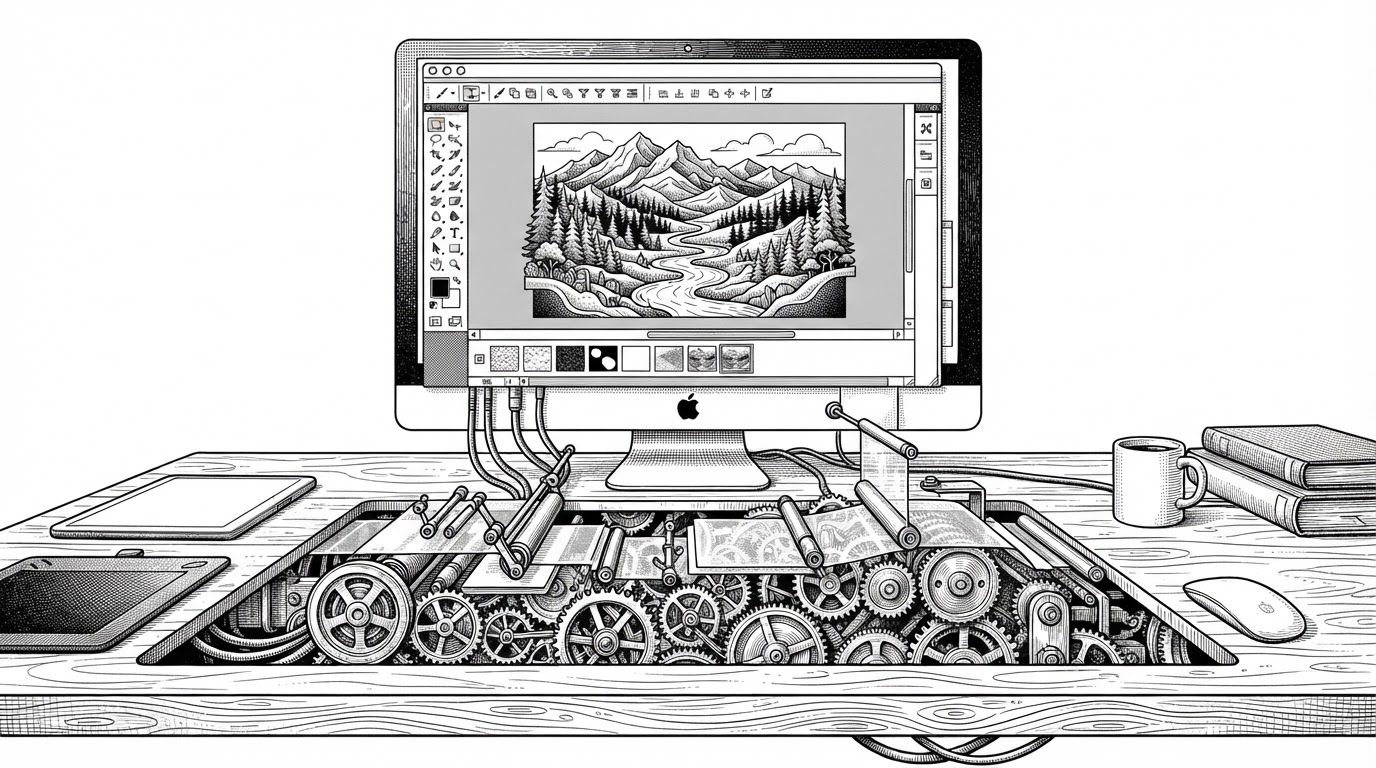 A wide editorial scene of a native Mac image editor floating above a hidden mechanical rendering core. The polished window suggests a focused pro app, while the gears and layered sheets beneath it explain how the interface and pixel engine work as one system.