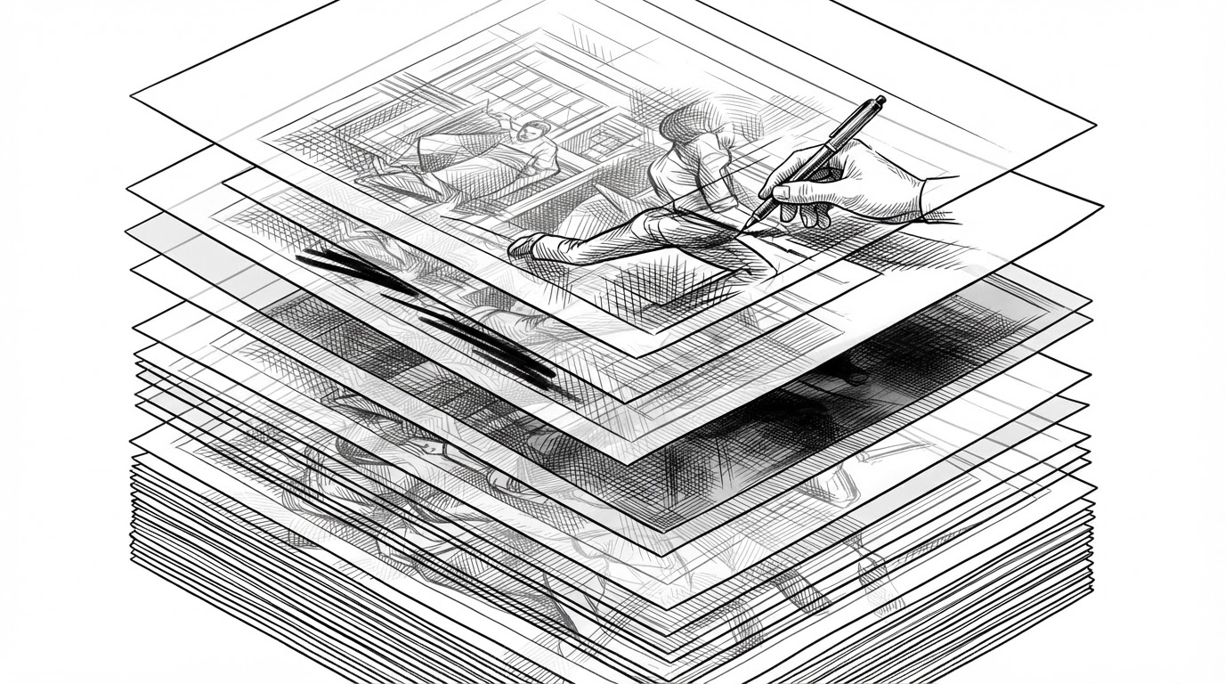 A close-up view of stacked translucent document states, where some layers are shared across snapshots and a few edited regions are marked with fresh ink. The image explains how snapshot-based undo can stay memory-efficient while still preserving a detailed history.