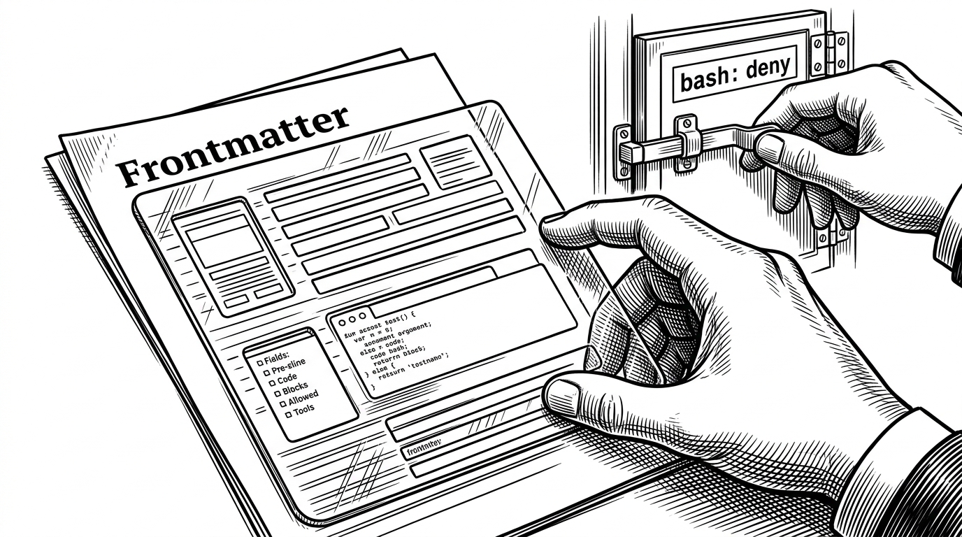A close-up of a hand placing a transparent stencil over a frontmatter document. Through the stencil, schema fields and example blocks snap into alignment while a second hand closes a permission gate labeled bash: deny. The image explains how structure and least-privilege controls shape the agent before it is written.