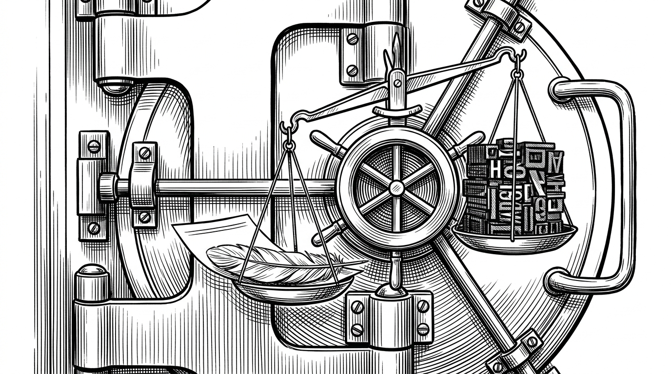 An illustration of a heavy bank vault door locked by a mechanism resembling a scale, balancing a feather against a dense block of typography.