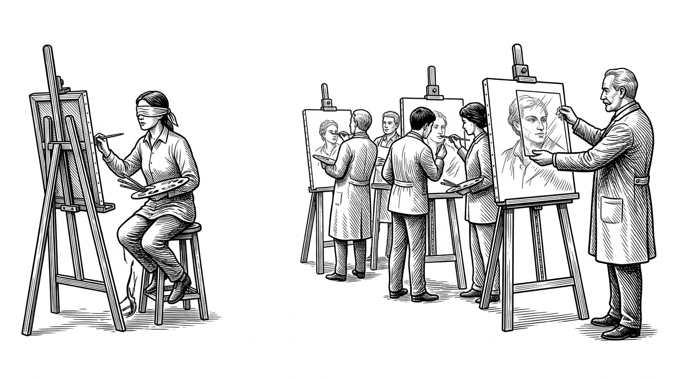 An illustration of an art studio where four painters work on identical canvases, while a master instructor measures one painting against a transparent reference sketch.