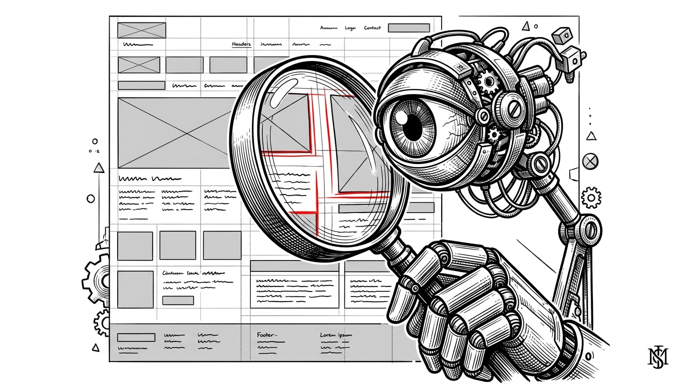 An illustration of a robot eye looking through a magnifying glass at a web page layout, with red lines highlighting differences from a blueprint.