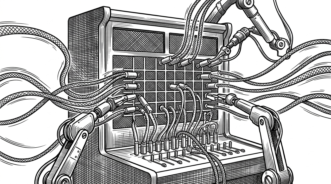 A classic 1920s telephone switchboard operated by mechanical robotic arms plugging glowing cables into a grid. This illustrates Tempo's role in managing and routing dozens of simultaneous AI agent connections.