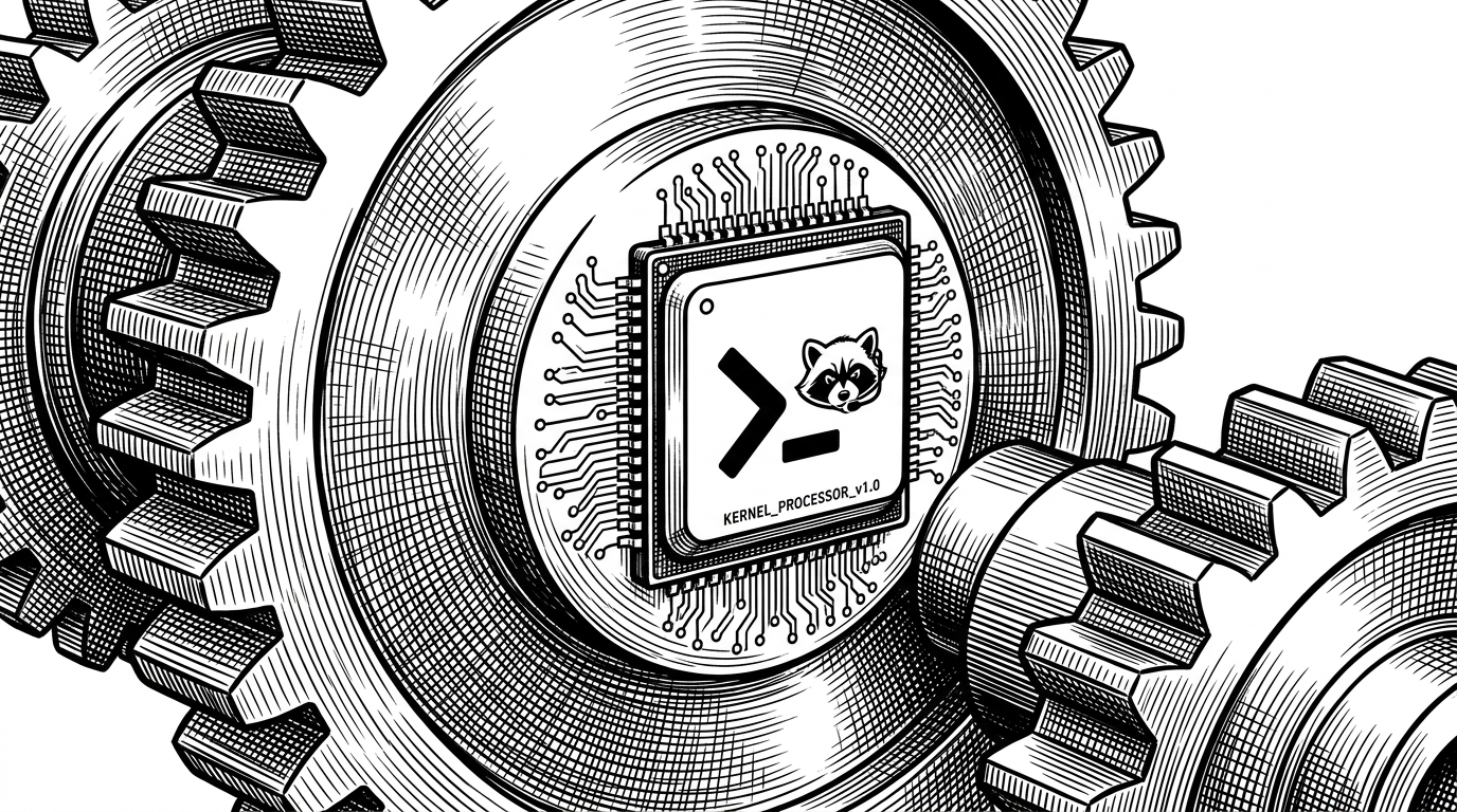 A heavy industrial brass gear mechanism with a sleek modern silicon microchip embedded directly into the center axis. This represents using a high-level web framework like React to orchestrate low-level system processes.