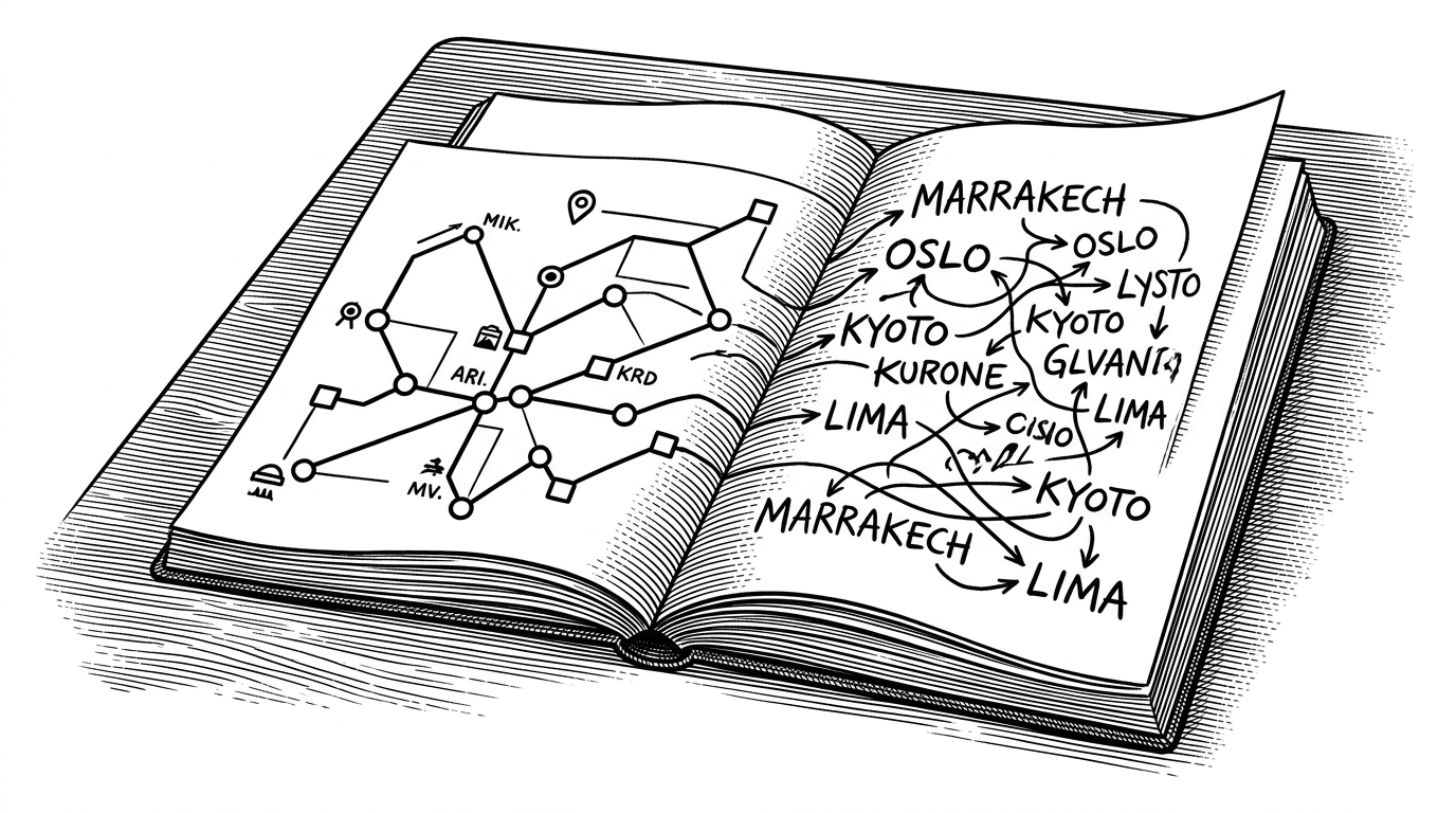A travel notebook sits beside a clean route map, with loose handwritten place names flowing off the page and resolving into a precise path across the globe. The image explains that the product does not ask users to build a map manually, it converts their existing notes into geography.