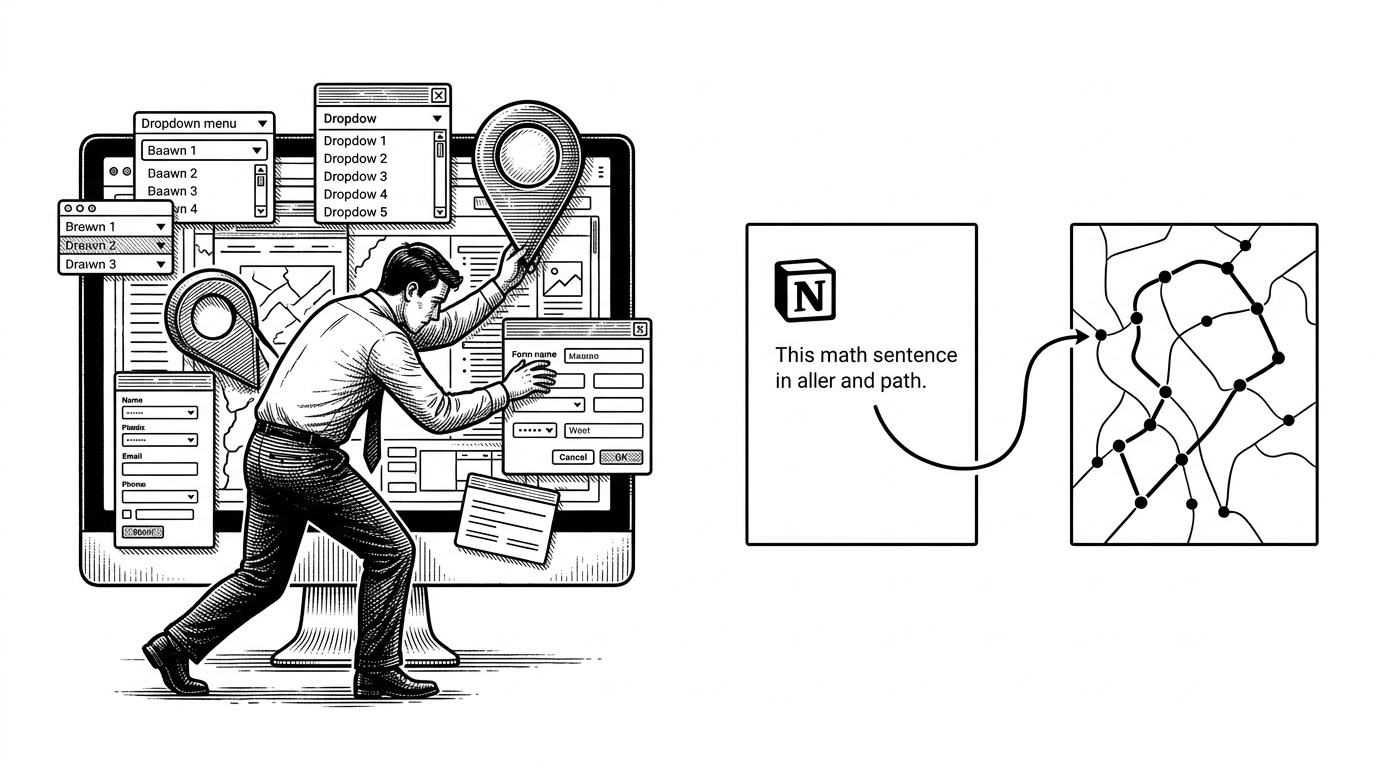 A split scene shows a person wrestling with map pins, dropdowns, and tiny form fields on one side, while the other side shows a single Notion page feeding a route map automatically. The image explains the UX trade-off between manual curation and zero-UI automation.