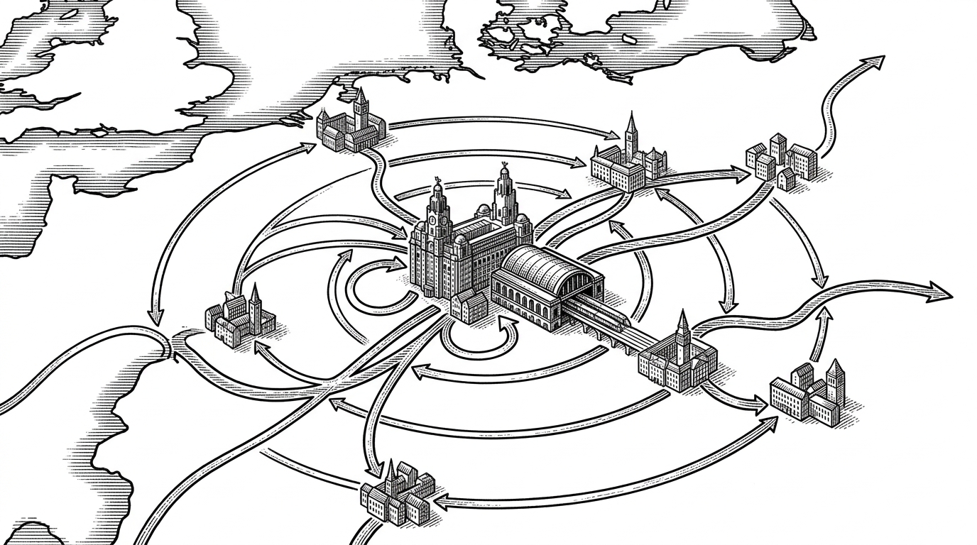 A route map shows one home base in the center, with short arcs leaving and returning on one side, and longer legs continuing onward on the other. The image explains how the route builder distinguishes day trips from longer moves so the map reads like a narrative.