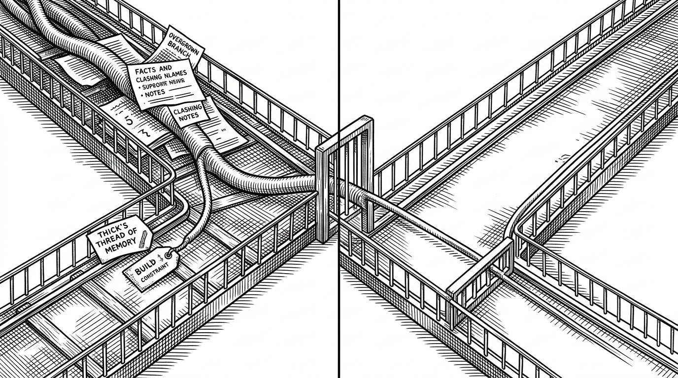 Two Git branches run side by side like separate rails. A dense memory thread about a Node version requirement stays on one branch, while the other branch remains clean behind a small gate. The image explains how <span class=