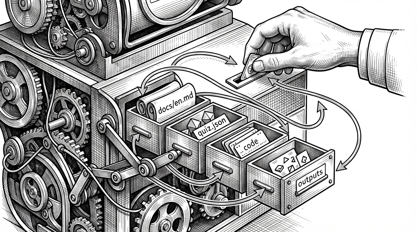 A close-up of a learner-state mechanism with drawers, tokens, and a tutoring machine. One slot holds LEARNING.md, nearby drawers contain docs, quizzes, code, and outputs, and arrows connect them into a feedback loop. The image explains how the agent uses state to select lessons and advance progress.