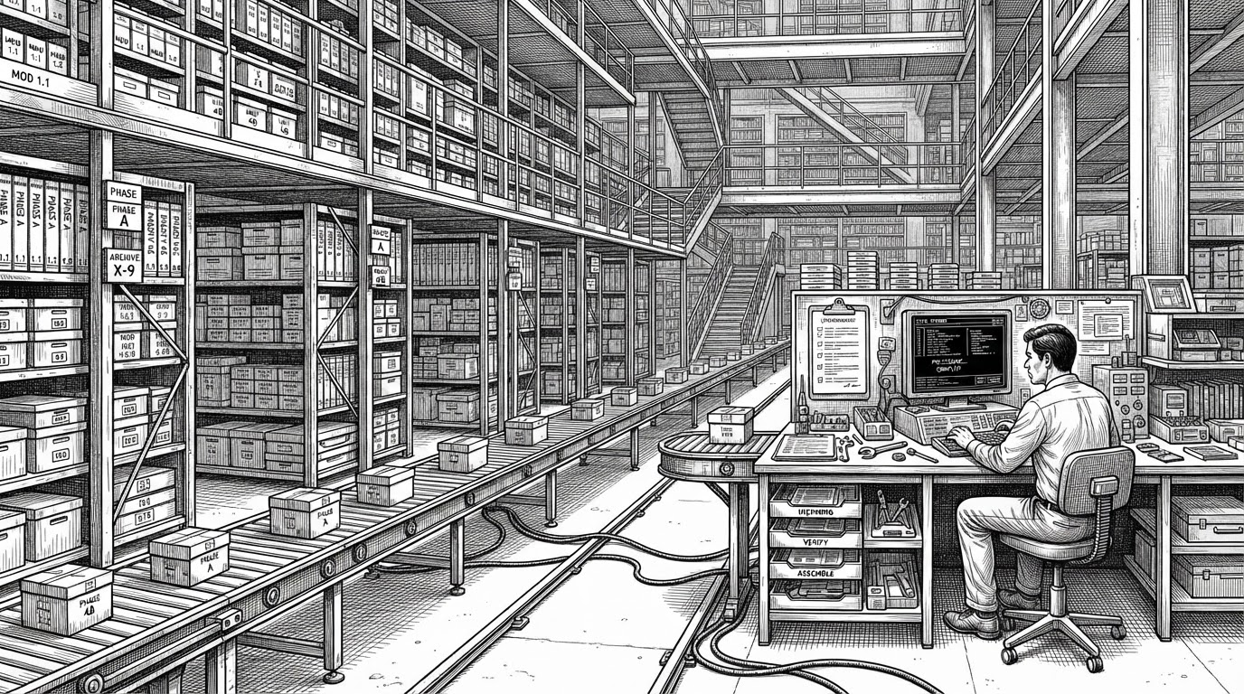 A vast library engineered like a factory floor. Shelves of lesson phases stretch into the distance while a small agent workstation sorts artifacts, quizzes, and lesson notes through a conveyor-like workflow. The image explains that this curriculum is designed to be processed, not just read.