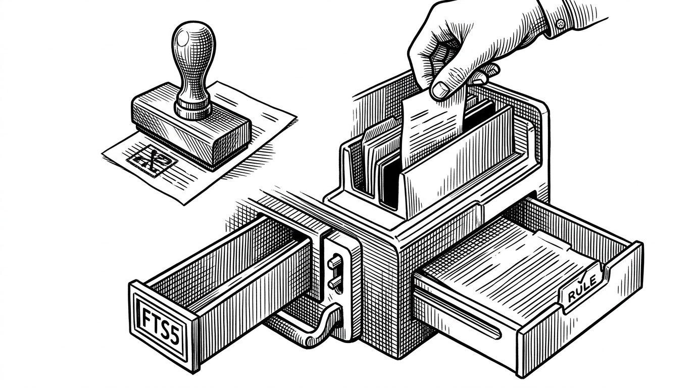 A close-up procedural scene shows a single correction note being stamped, filed, indexed, and pulled back out of a drawer labeled FTS5. It explains how a one-off correction becomes a searchable rule that can be resurfaced in later sessions.