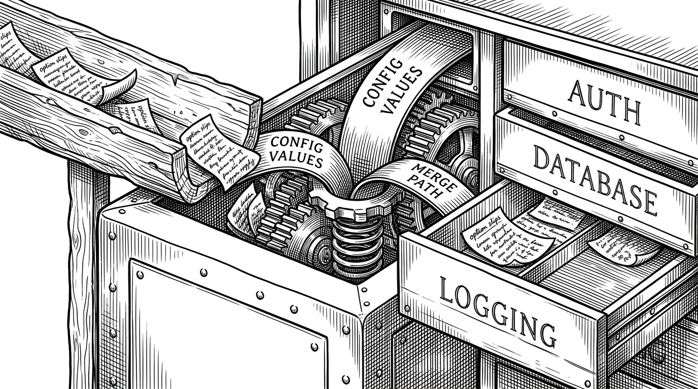 A close-up of a configuration vault with nested drawers labeled auth, database, and logging. One side of each drawer is fed by WordPress defaults while Acorn fills the missing pieces. Thin gears and springs merge the values into one repository. The image explains how configuration is layered rather than hardcoded.