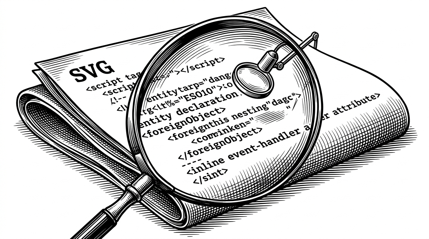 A close-up view of a single SVG document under a magnifying glass. Hidden inside the file are small dangerous fragments such as script tags, entity declarations, foreignObject nesting, and event-handler attributes. The image explains that the validator is looking for attack mechanisms inside the XML, not just obvious bad file names.