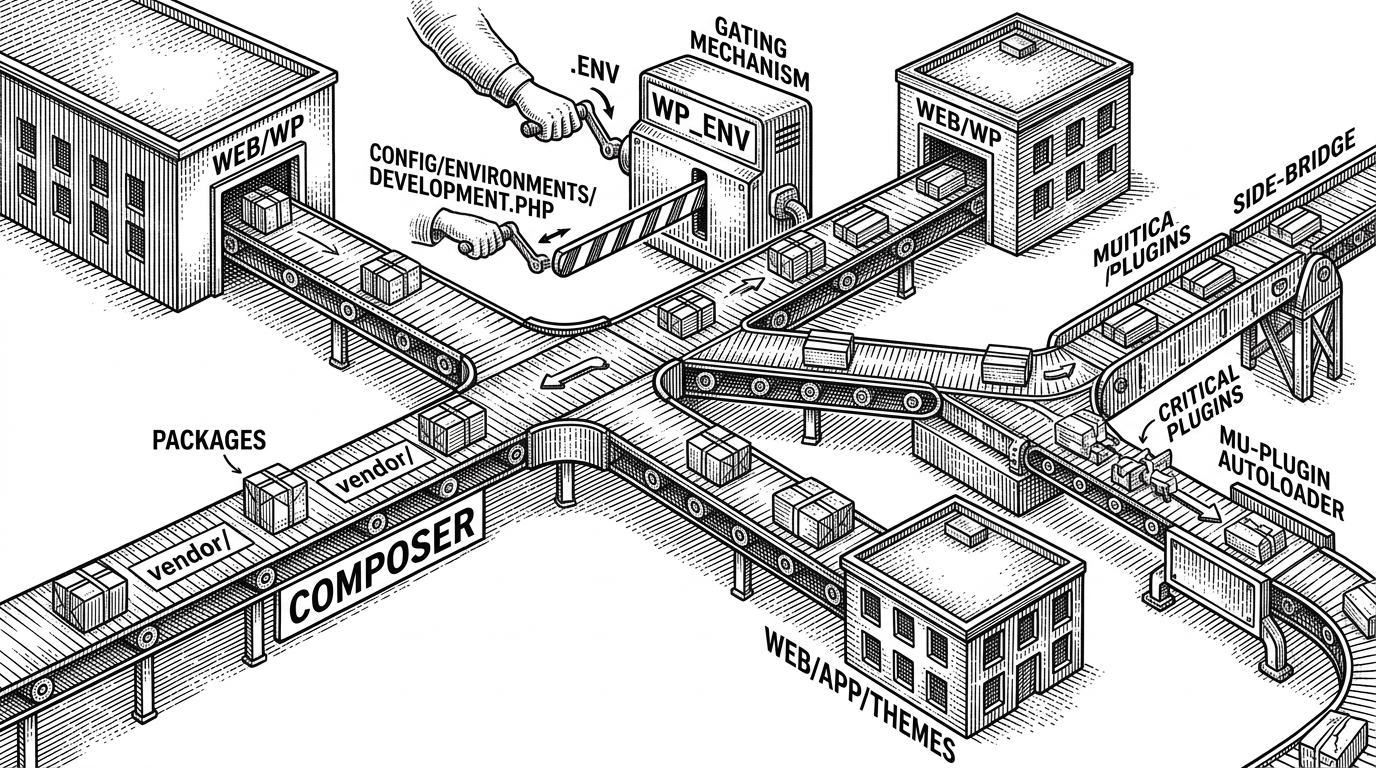 A close-up editorial scene of packages moving along a conveyor into three destinations, with a gate for environment selection and a side bridge for must-use plugins. It explains how Bedrock routes dependencies and config into runtime behavior without manual copying.