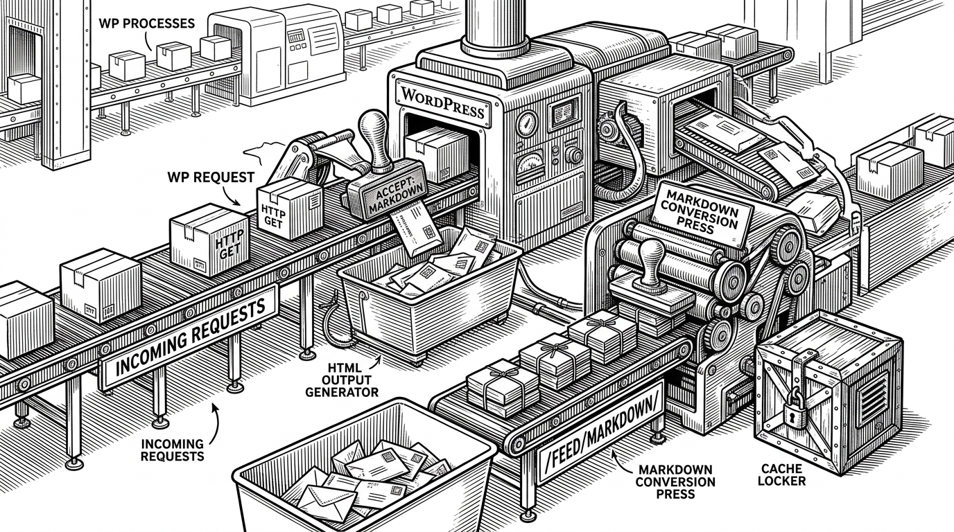A postal sorting room with one incoming WordPress request split onto two conveyor belts. One belt goes to a conventional HTML output tray, while the other is stamped with an Accept header, passes through a Markdown conversion press, and lands in a tidy /feed/markdown/ bundle beside a cache locker. The scene explains that the feed is a distribution layer, not just a formatting option.