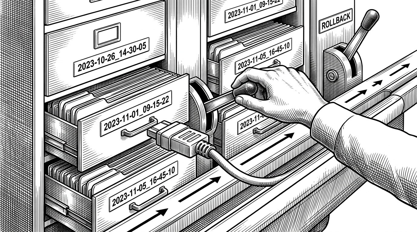 A close-up mechanical scene of stacked release folders, a hand moving a lever labeled current from one release to the next, and a rollback path waiting beside it. The illustration explains Trellis deployment as a safe pointer switch rather than a file copy.