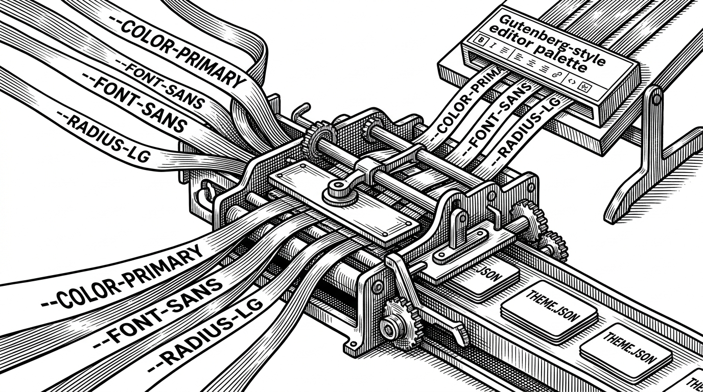 A close-up shows a stream of CSS custom properties flowing through a mechanical sorter. Threads labeled with design tokens pass through stamps that turn them into theme.json cards, while a branch routes selected values upward into Gutenberg editor controls. The image explains how the plugin derives WordPress settings from CSS output rather than copying values by hand.