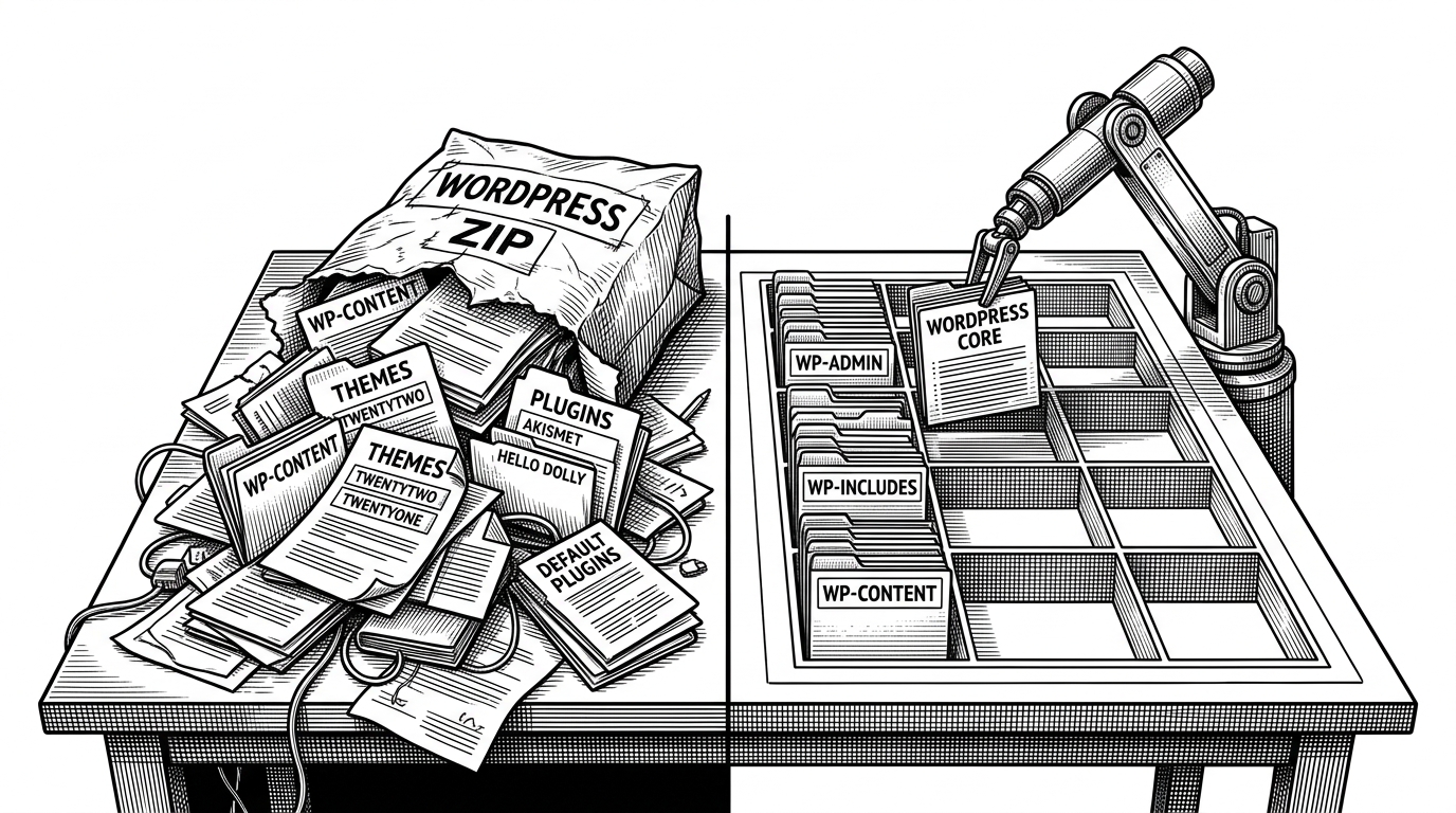 A split tabletop scene contrasts two WordPress distributions. On the left, a messy ZIP bundle spills out default themes, plugins, and loose files in a cluttered heap. On the right, a precision sorting arm feeds only clean core files into a minimal project scaffold, with the discarded extras visibly absent. This visual explains that the package is making an opinionated choice about dependency hygiene, not just changing file format.