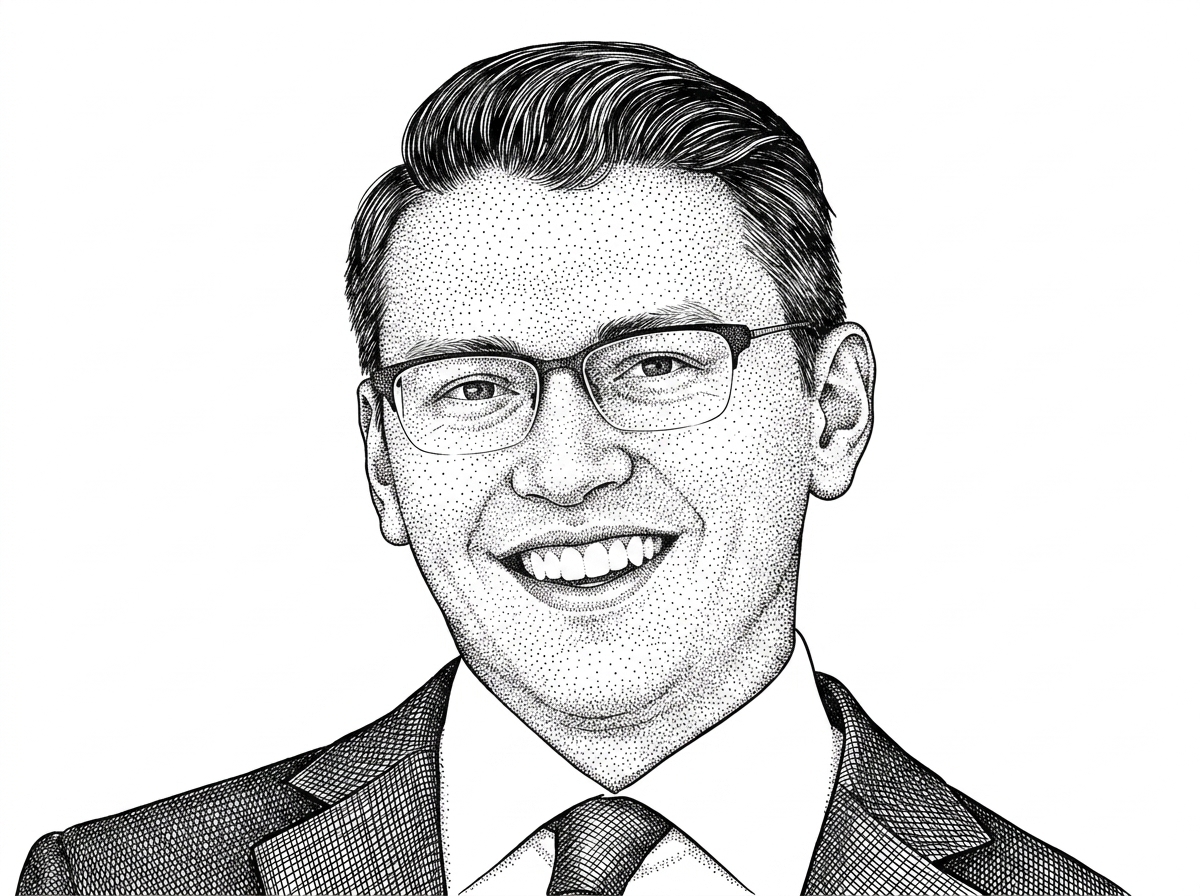 A WSJ-style hedcut portrait based on Austin Pray’s verified GitHub avatar. The portrait is used to attribute the modern Roots implementation work to a real maintainer rather than a generic persona.