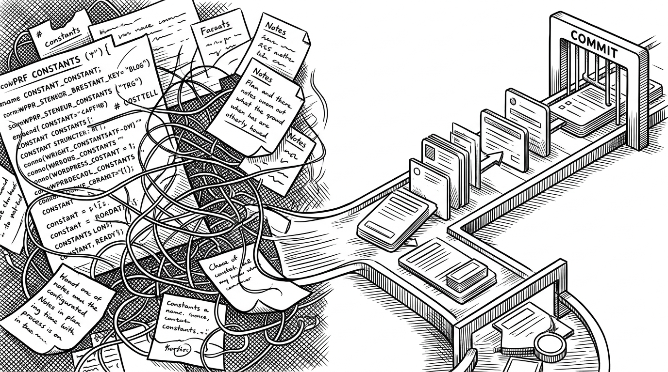 A side-by-side editorial illustration contrasts two WordPress configuration styles. The left side shows handwritten constant declarations scattered across a messy page, with arrows, notes, and environment values overlapping. The right side shows a tidy flow of cards moving through a clear staging lane into a final commit gate. The image explains how a fluent config layer replaces procedural sprawl with ordered assembly.