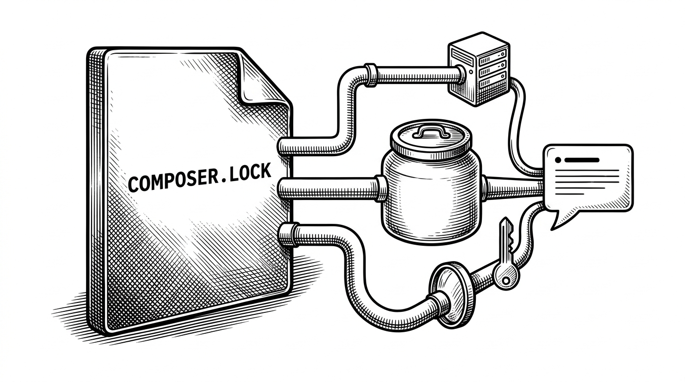 A close-up of a composer.lock file with three branching paths leaving it. One path goes to a normal API fetch, one drops into a larger blob container, and one bends into a diff parser with a narrow permission key. All three paths end at the same comment bubble, showing that the action can produce one reliable PR note through multiple routes.