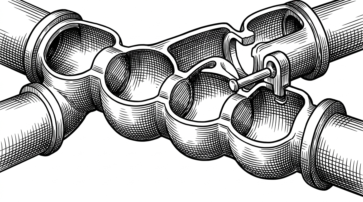 A close-up of a pipeline made of four chambers arranged in sequence. A single flow passes through discovery, update, build, and deploy while a locking pin blocks a second flow from entering too early. The image explains that WP Packages is disciplined like a CI system, with sequencing and file locking preventing contention.