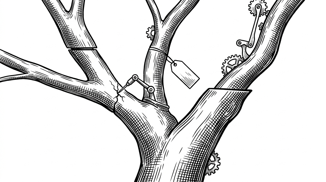 A close-up editorial illustration of a branching proof tree rendered like a mechanical structure. One large branch hits a cutoff line and splits into smaller branches labeled by visual context as subgoal, retry, and placeholder. Tiny repair tools patch one branch while another continues growing. The image explains how Hilbert turns proof length into a recursion signal.