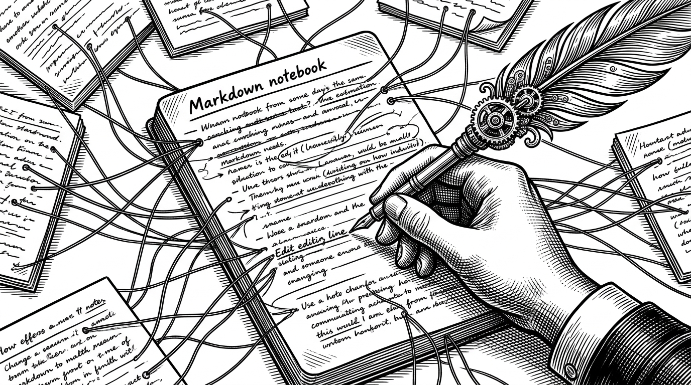 A close-up shows a single notebook page with backlinks, margins, and threaded connections extending to other pages. A human hand edits one line while a mechanical quill traces the links outward, showing that changing one fact changes the whole memory graph.