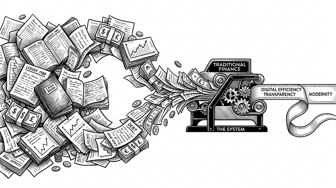 A tangled web of paper ledgers fed into a machine that outputs a straight line of ticker tape, representing the normalization of chaotic financial data.