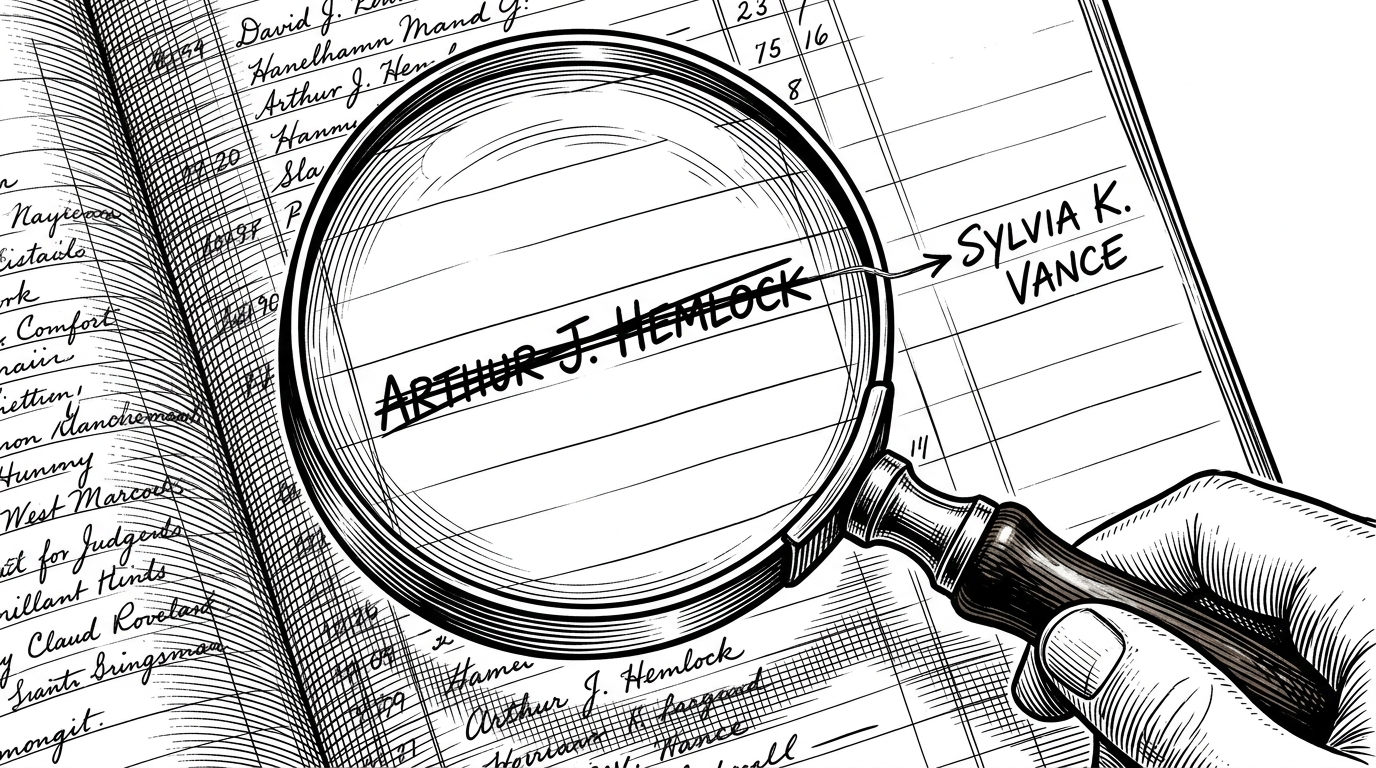 A close-up of a magnifying glass over a ledger, where a crossed-out name is connected by a taut thread to a secondary name in the margin, illustrating recursive family debt tracking.