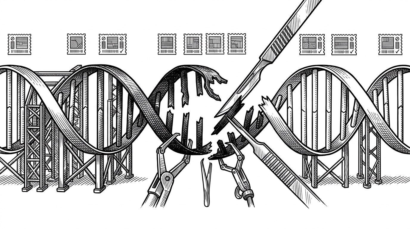 A close-up of a long read broken into regions of support and weakness, with tiny matching stamps floating above it like 16-mer checkpoints. One region is densely marked as supported, the middle is broken and darkened for removal, and the right region is supported again. The image explains how Filtlong can scan a read, mark trustworthy stretches, and ignore unsupported stretches without doing full alignment.