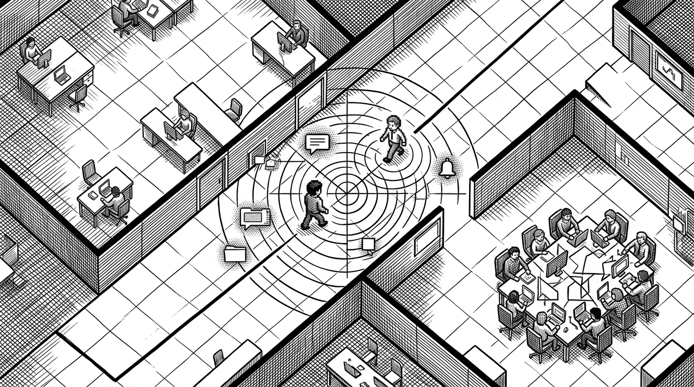 A top-down office floor drawn like a game map, with two small avatars walking toward each other across tiled space. Their movement activates a ring of connection lines and audio cues, turning the room from dispersed to clustered. The image explains how spatial proximity becomes a product control surface.