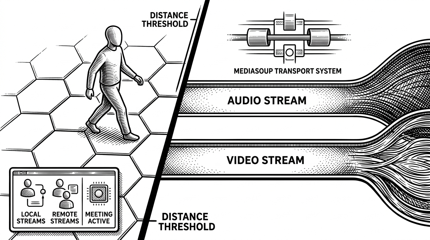A close-up cutaway of a tile-based avatar on the left, a threshold boundary in the center, and media transport lanes on the right. As the avatar crosses the line, audio and video streams turn from idle to active. The image explains how proximity triggers real-time media state rather than a separate call screen.