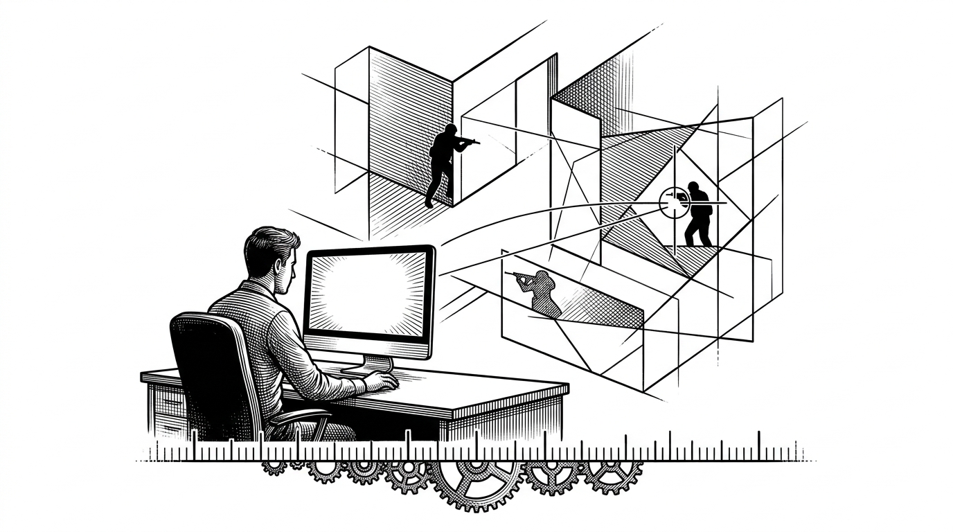 A CS:GO player sits at a monitor while the fight around them is reduced to geometry. Enemy positions, a crosshair line, and a tick timeline surround the desk like a forensic overlay. The image explains that this repo treats a kill as a moment of awareness, not just an outcome.