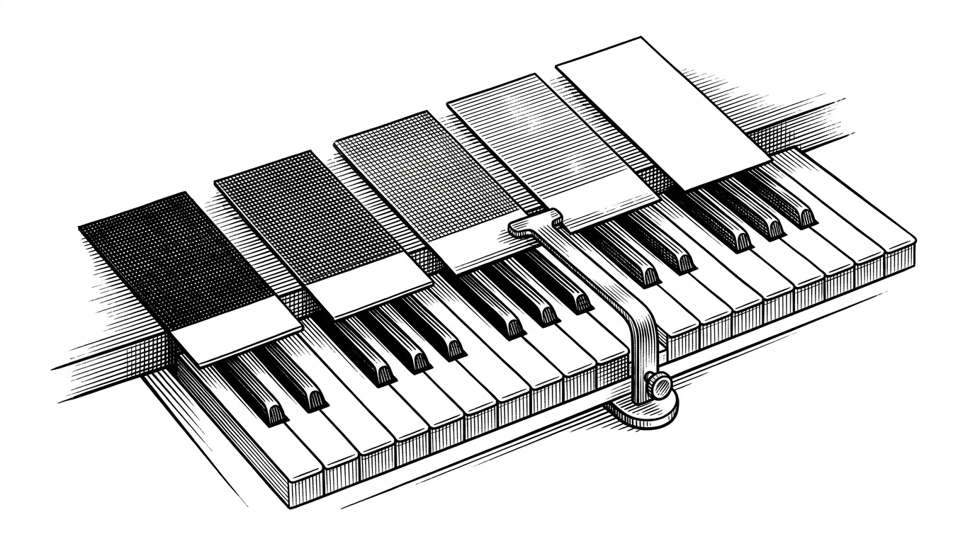 Five swatches are sorted from darkest to brightest and lined up against piano keys. It shows the key mapping step, where luminance becomes register instead of arbitrary noise.