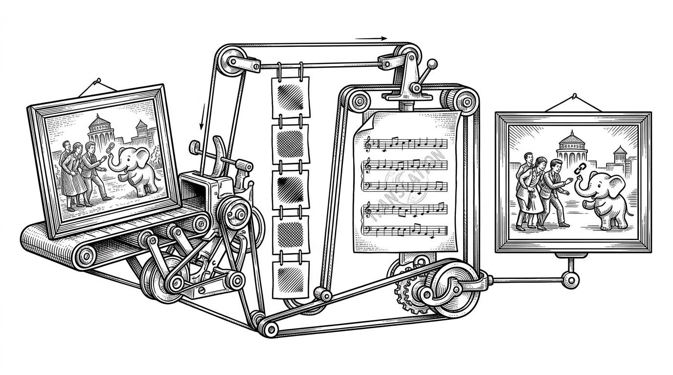 A framed image enters a hand-built machine and emerges on the far side as a second framed image after being reduced to five swatches and a score. It explains the repo's core trick: each translation stage preserves enough structure to stay legible, while still allowing the result to drift.