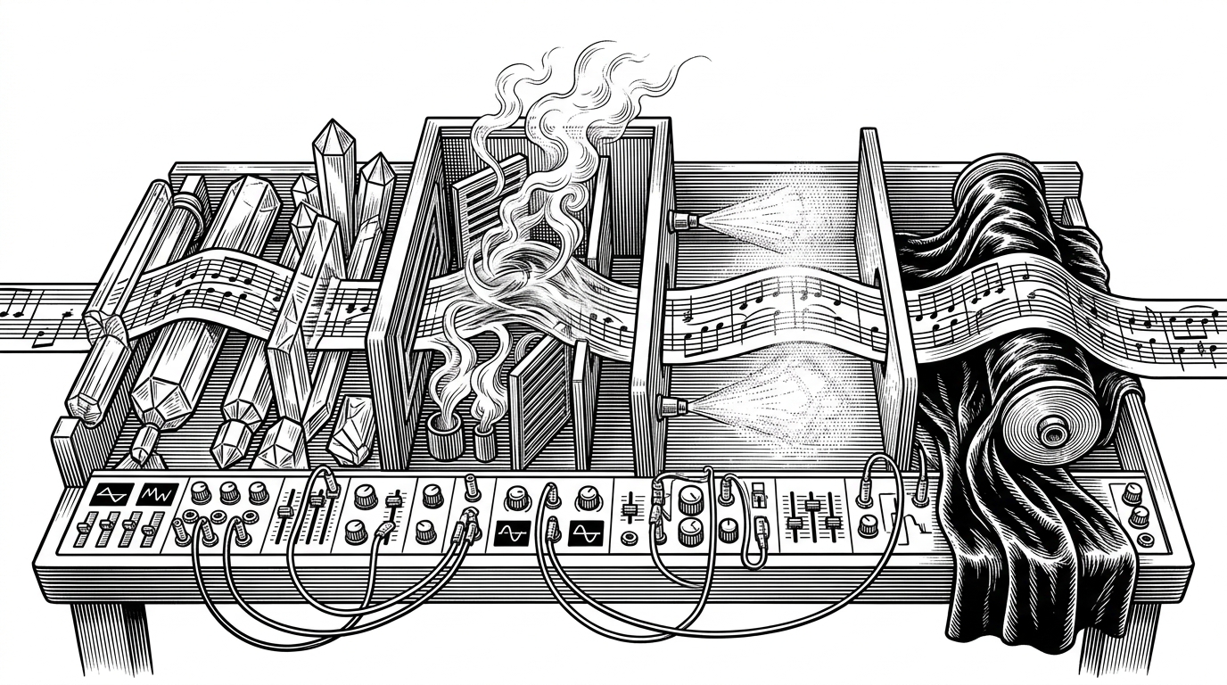A synth bench turns the same musical spine into different textures, like glass, smoke, and velvet, using knobs, filters, and oscillator shapes. It explains why the music feels performed rather than mechanically replayed.