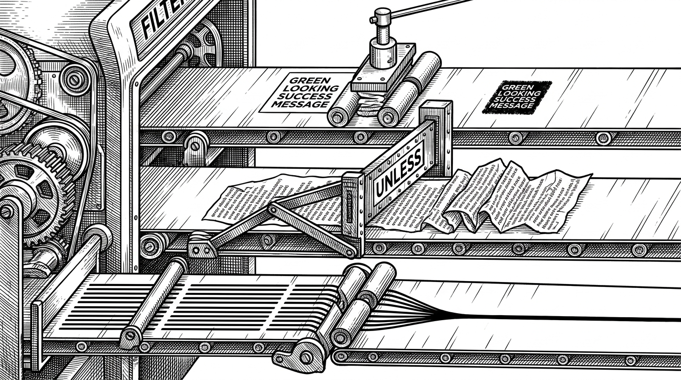 A close-up sorting panel with three output lanes. One lane compresses a passing test message into a tiny stamp. Another lane leaves a red error stack trace fully visible behind an open gate marked unless. A third lane collapses repeated lines into one. The image explains conditional compression and failure preservation.