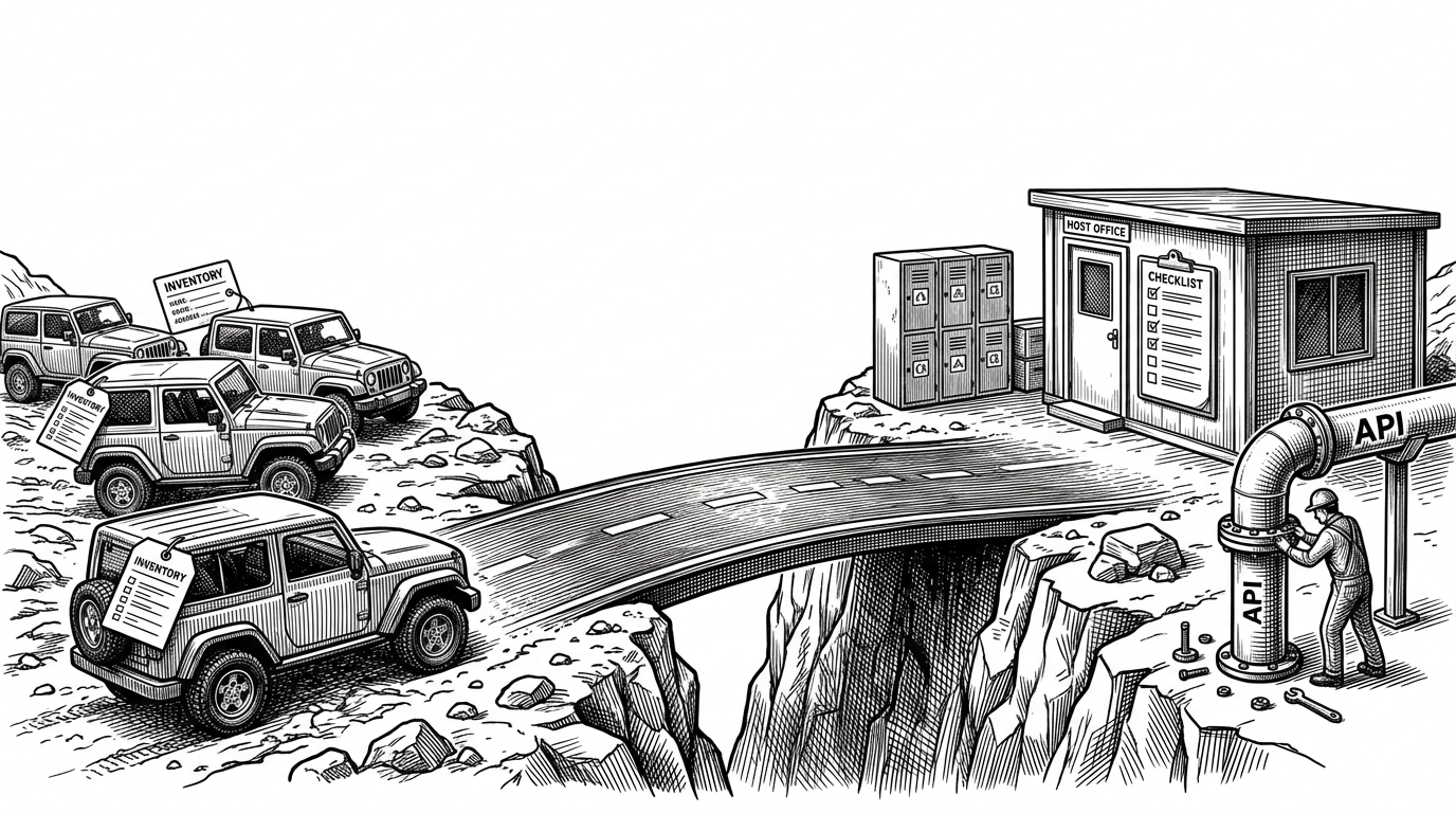 A mountain road runs through the center of the scene. On one side sit vehicle cards for terrain-ready rentals, and on the other side a small host office with checklist drawers and an API pipe being installed. The road connects the two sides, showing how the product moves from fallback data toward true persistence without breaking the user experience.