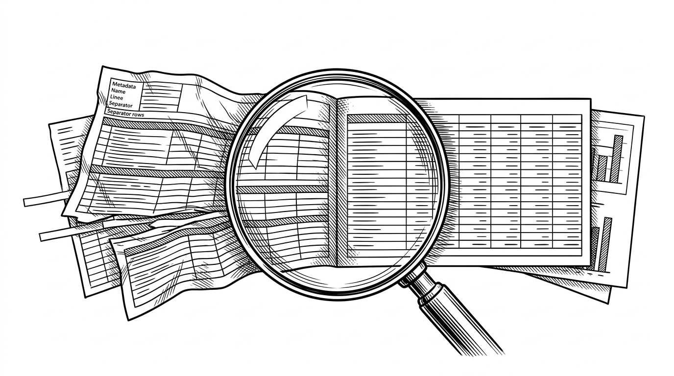A wide editorial scene shows a cluttered spreadsheet being pulled through a magnifying lens on a desktop analyst's desk. On one side of the lens the file is tangled with metadata lines and misaligned rows. On the other side it resolves into a clean ledger and chart fragments, showing the idea of recovering structure from chaos.